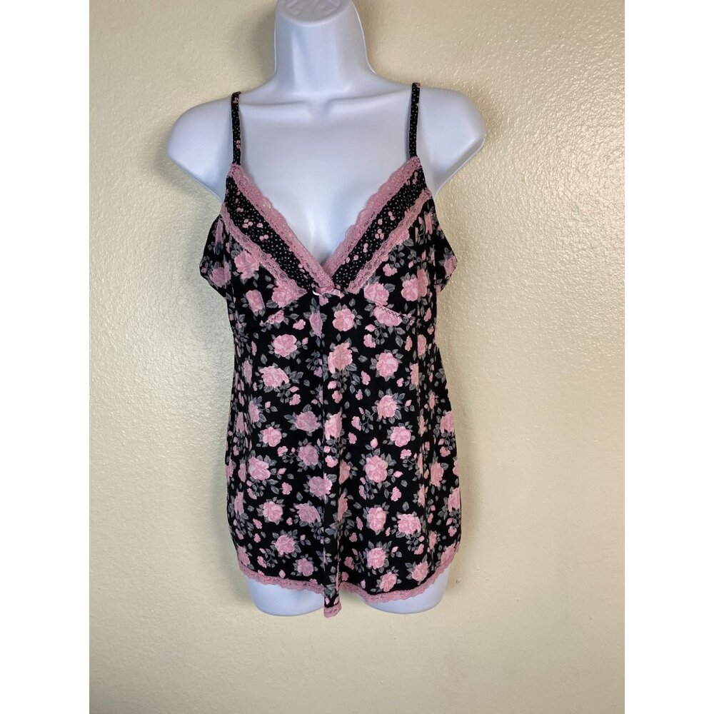 Y2K Marilyn Monroe Lace Trim Camisole Top Women Size Large Black Pink Floral 90s